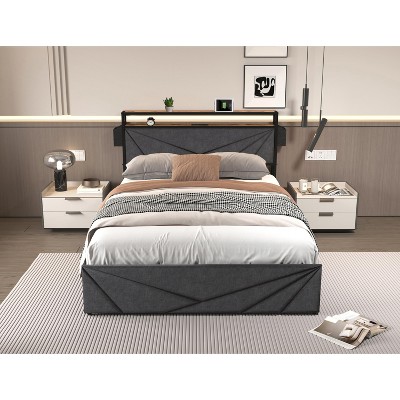 APRILSOUL Black and Gray Full Bed Frame Storage Headboard with Charging Station, Solid and Stable, No Box Spring Needed