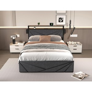 APRILSOUL Black and Gray Full Bed Frame Storage Headboard with Charging Station, Solid and Stable, No Box Spring Needed - 1 of 4