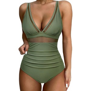 Clearlove Women's One Piece Swimsuit Bathing Suit V Neck Ruched Mesh Back Hook - 1 of 4