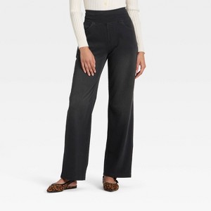 Women's High Waist Wide Leg Stretchy Knit Jeans with front and back pockets - A New Day™ Washed Black - 1 of 3