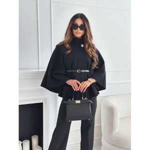Women's Solid Color Cape Coat Waist Tie Belt Stand Collar Flared Sleeve Versatile Outerwear - 1 of 2