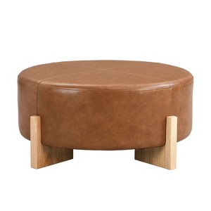 Christopher Knight Home Ralph Contemporary Rubberwood Faux Leather Round Ottoman, Brown - 1 of 4