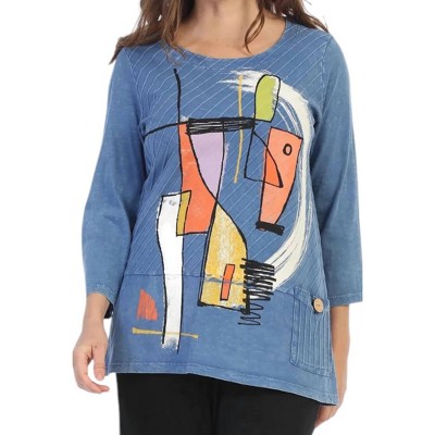 Women's Modern Art Mineral Washed Wide Rib Contrast Tunic Top - Jess & Jane