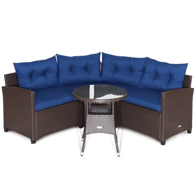 Tangkula 4PCS Wicker Patio Sofa Set Rattan Outdoor Furniture Set w/ Navy Cushions