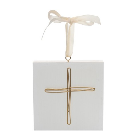 Transpac Wood 6.5 in. Off-White Christmas Cross Block Ornament - image 1 of 4