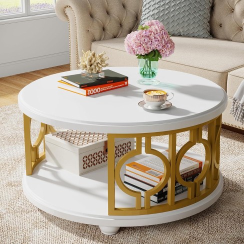 2024 White Round Coffee Table On Wheels Two Shelf