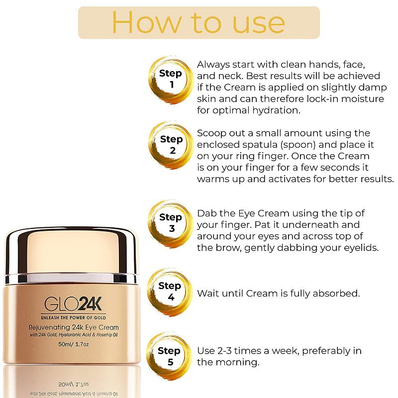 GLO24K Eye Cream with 24k Gold, Hyaluronic Acid, Rosehip Oil, And Vitamins For Minimizing Wrinkles & Fine-Lines Around The Eyes, 4 of 6