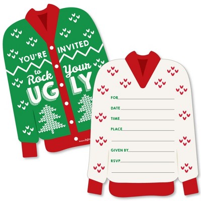 Big Dot of Happiness Ugly Sweater - Shaped Fill-in Invitations - Holiday and Christmas Party Invitation Cards with Envelopes - Set of 12