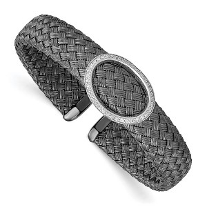 Black Bow Jewelry Black Plated Sterling Silver and CZ 12mm Flexible Woven Cuff Bracelet - 1 of 4