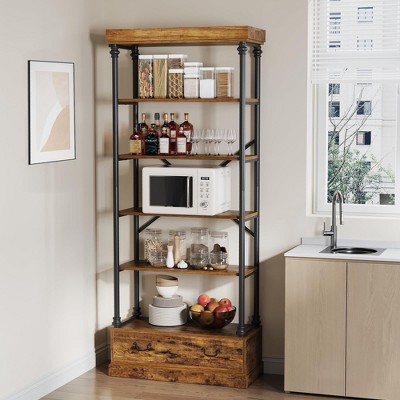 Industrial 6-Tier Bookshelf with Storage Drawers - Wood & Metal Bookcase for Living Room, Bedroom, or Home Office