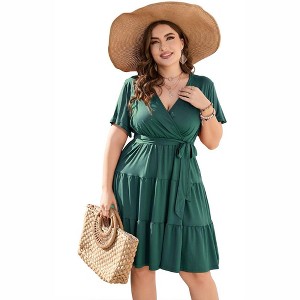 Women Plus Size V Neck Wrap Dress High Waist Short Sleeve Ruffle Casual Summer Midi Dress with Belt,dark green,5XL - 1 of 4