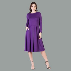 24seven Comfort Apparel Womens Long Sleeve Midi Length Fit N Flare Pocket Dress - 1 of 4