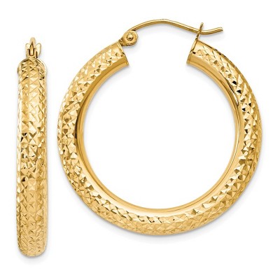 Black Bow Jewelry 4mm, 14k Yellow Gold Diamond-cut Hoops, 30mm (1 1/8 Inch)