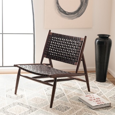 Transitional Brown Leather and Sungkai Wood Armless Accent Chair