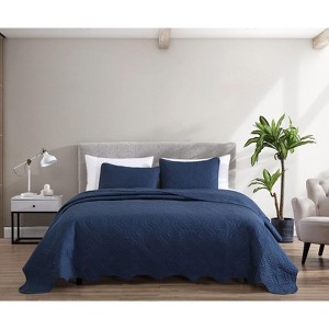 Kate Aurora Riviera 3 Piece Embossed Bedspread/Coverlet & Pillow Shams Set, Navy - King - 1 of 4