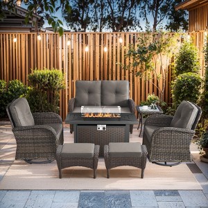 Buenhomino 7 Piece Outdoor Patio Wicker Conversation Set with Fire Pit Table, Includes Glider Loveseat, Swivel Rocking Chairs, Ottomans and Side Table - 1 of 4