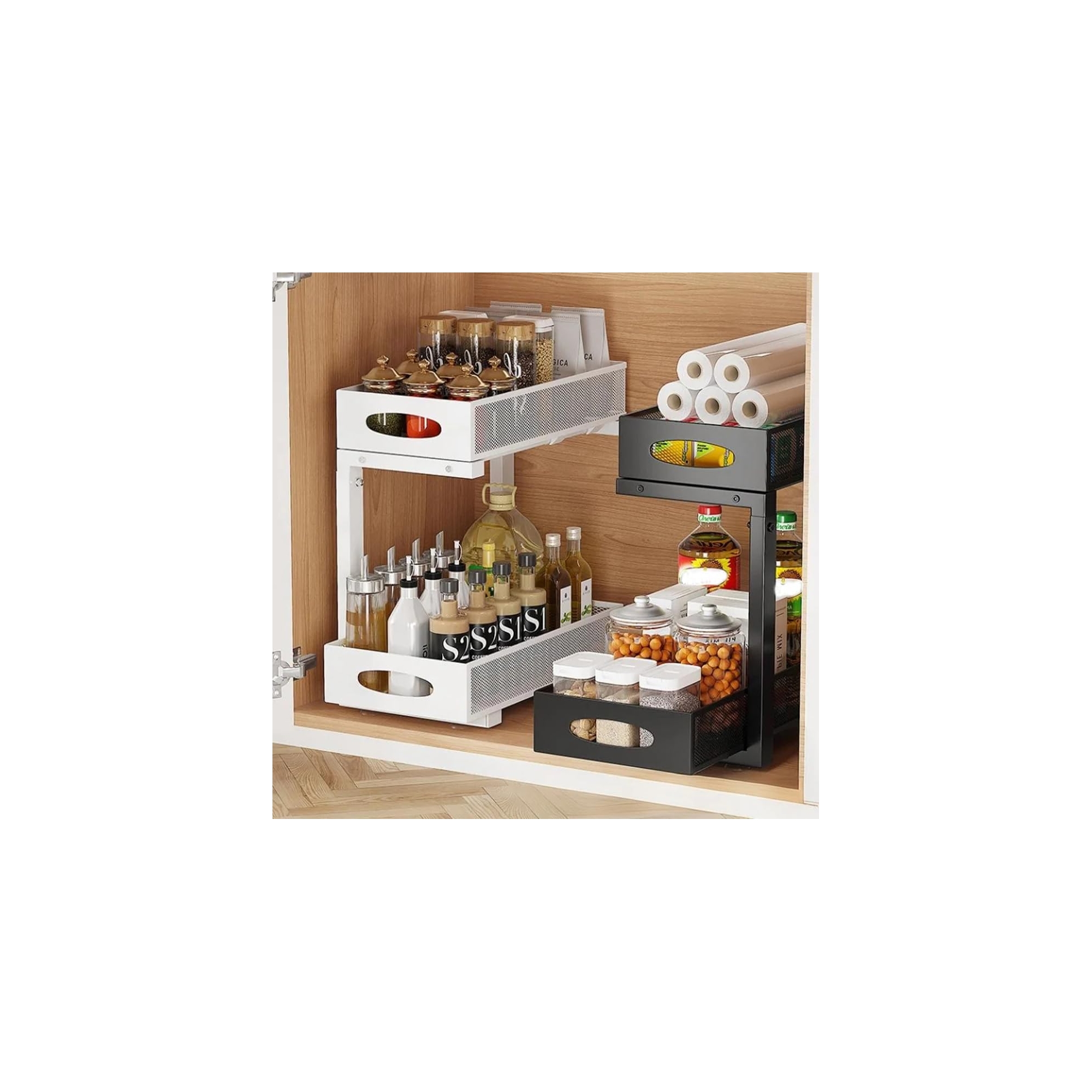 Under Sink Organizer, Pull Out Storage - 2-Tier Carbon Steel Basket with Adjustable Height, Sliding Drawer for Kitchen, Bathroom, Laundry