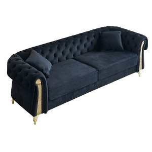 89" Wide Embroidered Velvet Sofa, Chesterfield Design with Gold Metal Trim, 750lb Weight Capacity, Includes 2 Cushions and 2 Decorative Pillows - 1 of 4