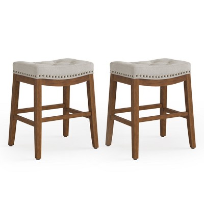 Arceso Bar Stools Set of 2, 24 Inch Fabric Counter Height Bar Stools, Saddle Barstools with Nailhead Trim Tufted Button, Light Beige Gray