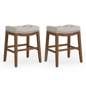 Arceso Bar Stools Set of 2, 24 Inch Fabric Counter Height Bar Stools, Saddle Barstools with Nailhead Trim Tufted Button, Light Beige Gray - 1 of 4