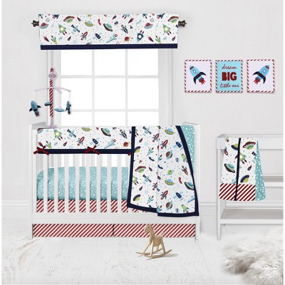 Bacati - Airspace Aqua Navy Green Red 10 pc Crib Bedding Set with Long Rail Guard Cover