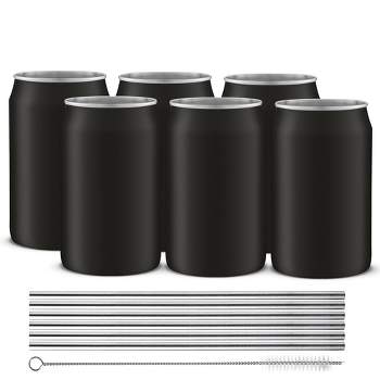 JoyJolt Stainless Steel Can Drinking Tumblers with 6 Straws & Brush- 16 oz - Black