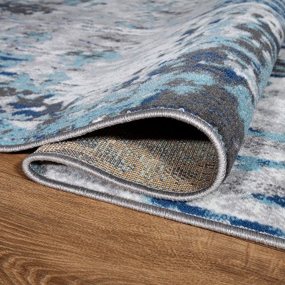 Durham Blue Abstract Synthetic Runner Rug 2' x 7'