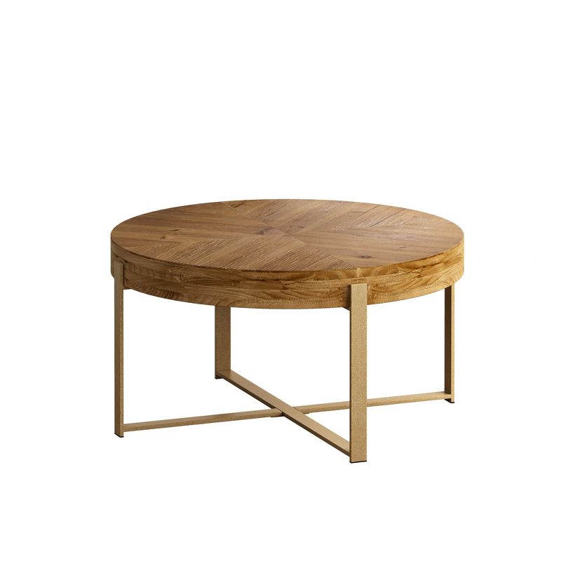 33.86" Modern Retro Splicing Round Coffee Table,Fir Wood Table Top with Cross Legs Base - ModernLuxe, 5 of 11