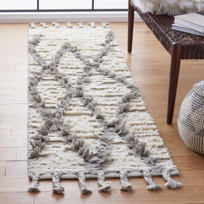 Ivory and Grey Hand-Knotted Wool Runner Rug