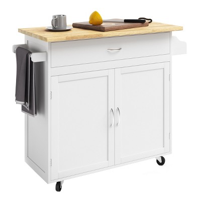 White and Oak Wood Rolling Kitchen Cart with Spice Rack and Storage