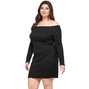Slickblue Black Plus Size Off Shoulder Smocked Dress – Long Sleeves & Fitted Silhouette with Ruffled Hem, 1XL-3XL - 1 of 4