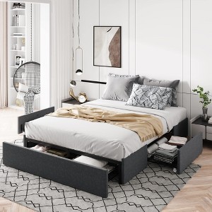 Platform Bed Frame with 3 Storage Drawers, Fabric Upholstered, Wooden Slats Support, No Box Spring Needed, Noise Free, Easy Assembly, Dark Grey - 1 of 4