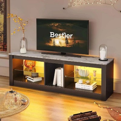 Black Marble 63-inch TV Stand with LED Lights and Glass Shelves