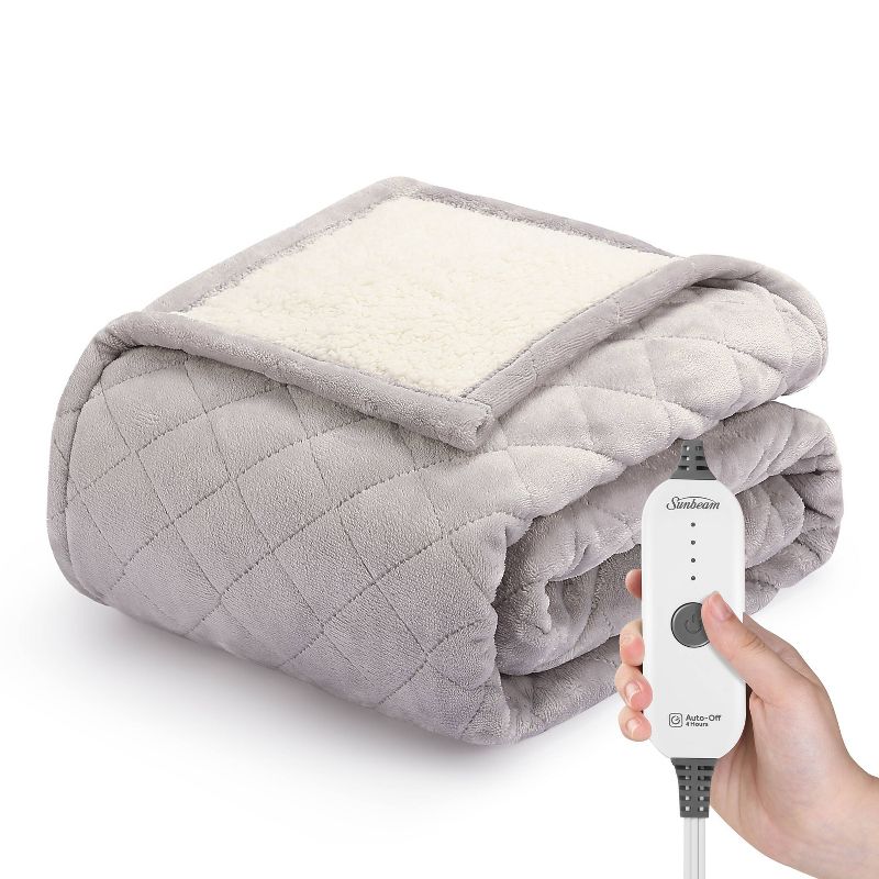 Sunbeam 50&#34; x 60&#34; Quilted Nordic Velvet Reverse Shearling Heated Throw Electric Blanket Dove Gray, 1 of 9