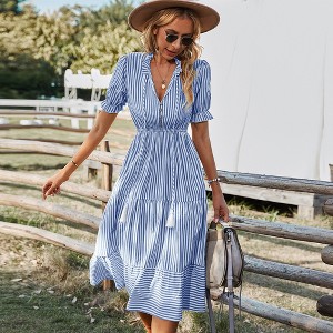 Women's Short Sleeve Striped Dress | Rustic Cottagecore A-Line Midi Dress - 1 of 4