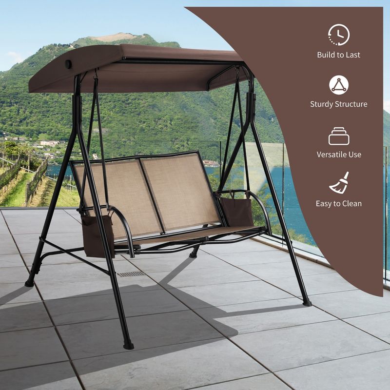 Costway 2 Seat Patio Porch Swing with Adjustable Canopy Storage Pockets  Brown, 5 of 11