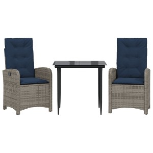 vidaXL 3Pc Patio Dining Set-Adjustable Poly Rattan Reclining Chairs-Navy Cushions-Tempered Glass Table-Indoor/Outdoor Furniture for Garden, Deck - 1 of 4
