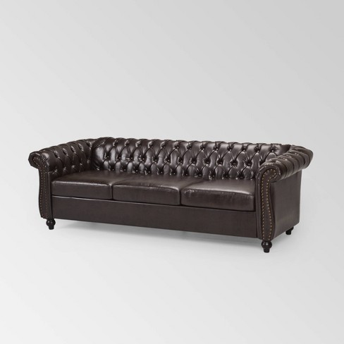 Parksley Tufted Chesterfield Faux Leather Sofa Brown Christopher Knight Home Target