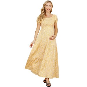 Off the Shoulder Dress Women's Smocked Tiered Maxi Dress Puff Sleeve Ruffle Maternity Maxi Dress Blue S - 1 of 2
