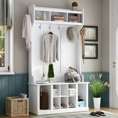 Billie Rustic Brown Wood Hall Tree with Side Storage Shelves for Entry