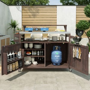 Racxily 53.3" Outdoor Kitchen Island with Raised Shelf, Solid Wood Storage Cabinet with Stainless Steel Top, Outdoor Rolling Grill Cart - 1 of 4