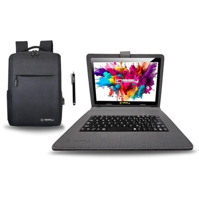 LINSAY 10.1" OCTA CORE 128GB STORAGE ANDROID 14 BUNDLE with DESIGNER CLOTH KEYBOARD CASE and STYLISH COMPACT BACKPACK and PEN STYLUS