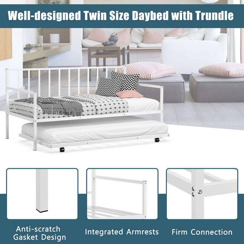 Costway Twin Metal Daybed with Roll Out Trundle Heavy Duty Frame Sofa Bed Set, 5 of 9