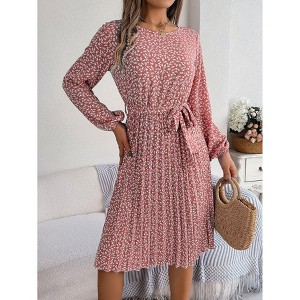 Coolmee Women Casual Smocked Crew Neck Floral Long Sleeve A-Line Swing Midi Dress With Belt - 1 of 4