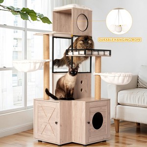 63" Multi-Functional Cat Tree with Litter Box - Includes Removable Washable Cushion, Scratching Posts & Toy Hanger - 1 of 4
