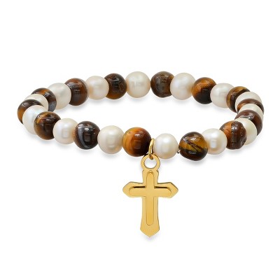 Steeltime Men's tiger eye, freshwater pearls and stainless steel double cross charm beaded bracelet. Color Options: Silver, Gold