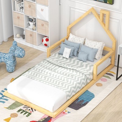 ALEXOUN Kids Floor Bed with House-Shaped Headboard & Solid Wood Slats,Platform Bed Frame for Girls Boys,No Box Spring Needed