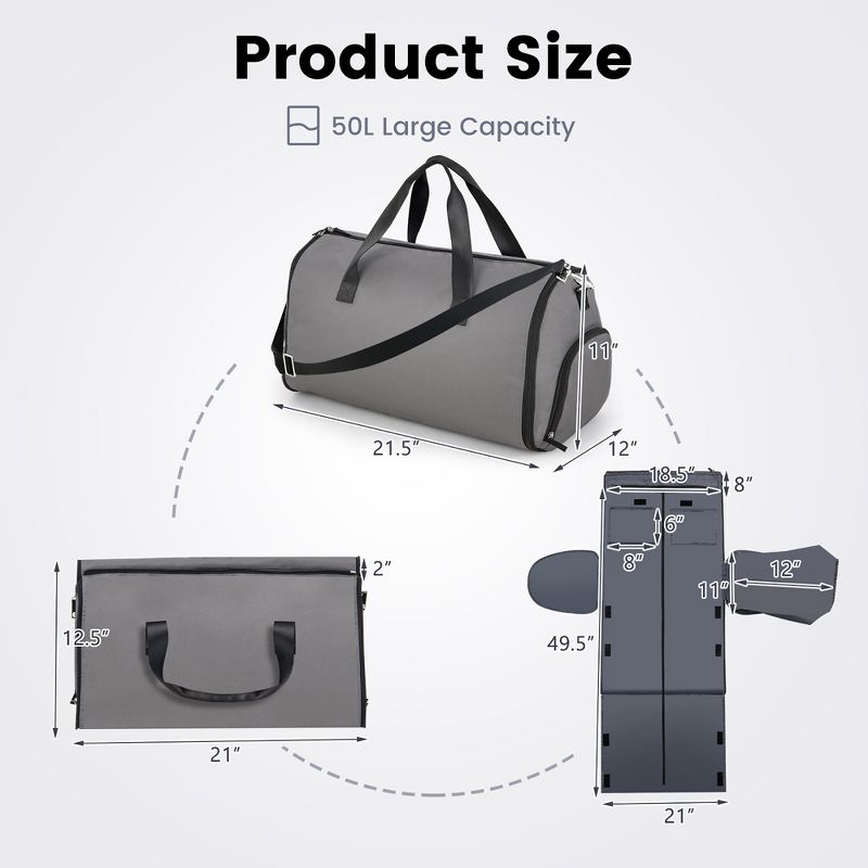 Costway 2 in 1 Duffel Storage Bag Hanging Suit Travel Bag w/ Shoe Compartment & Strap, 3 of 10