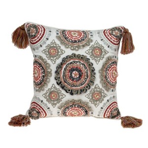 HomeRoots 18" Red and White Floral Cotton Throw Pillow With Embroidery, Tassels - 1 of 4