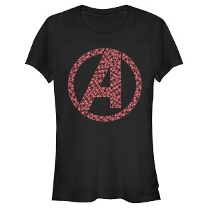 Juniors Womens Marvel Avengers Valentine's Small Hearts Logo T-Shirt - 1 of 4